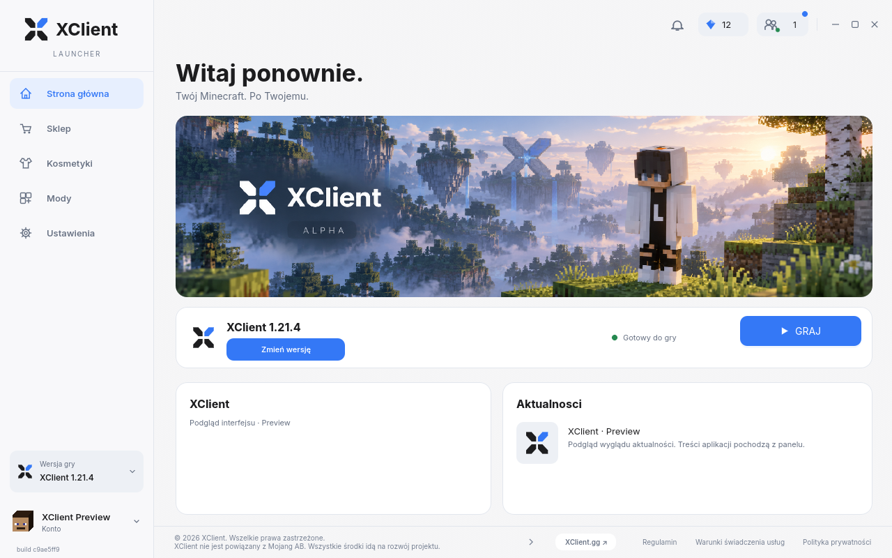 Ekran główny launchera XClient z wyborem wersji i przyciskiem uruchomienia