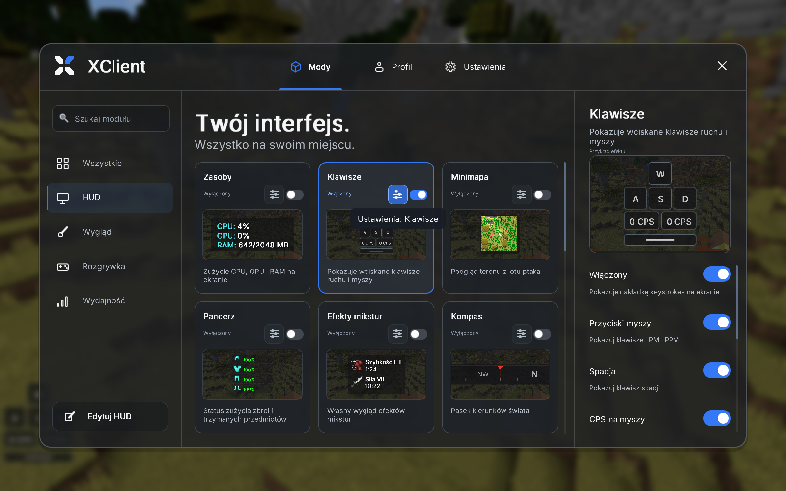 Ekran modów XClient otwarty bezpośrednio w Minecraft z podglądem HUD-u, minimapy, klawiszy i efektów mikstur